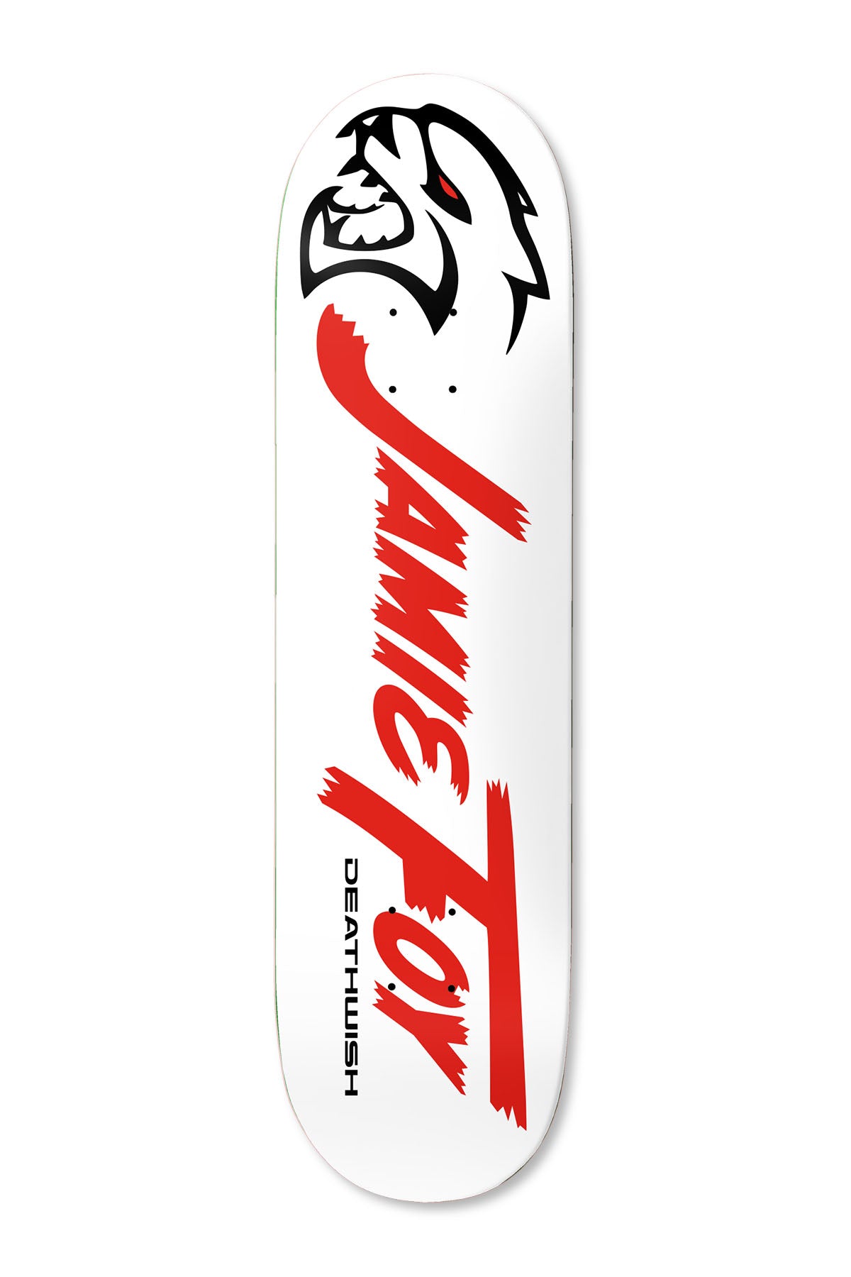 Deathwish Foy Hemi White 8.5 skateboard deck: Black snarling animal head with a red eye at the top, with the rider name in large red brushed lettering running down a white deck and the brand name in black.