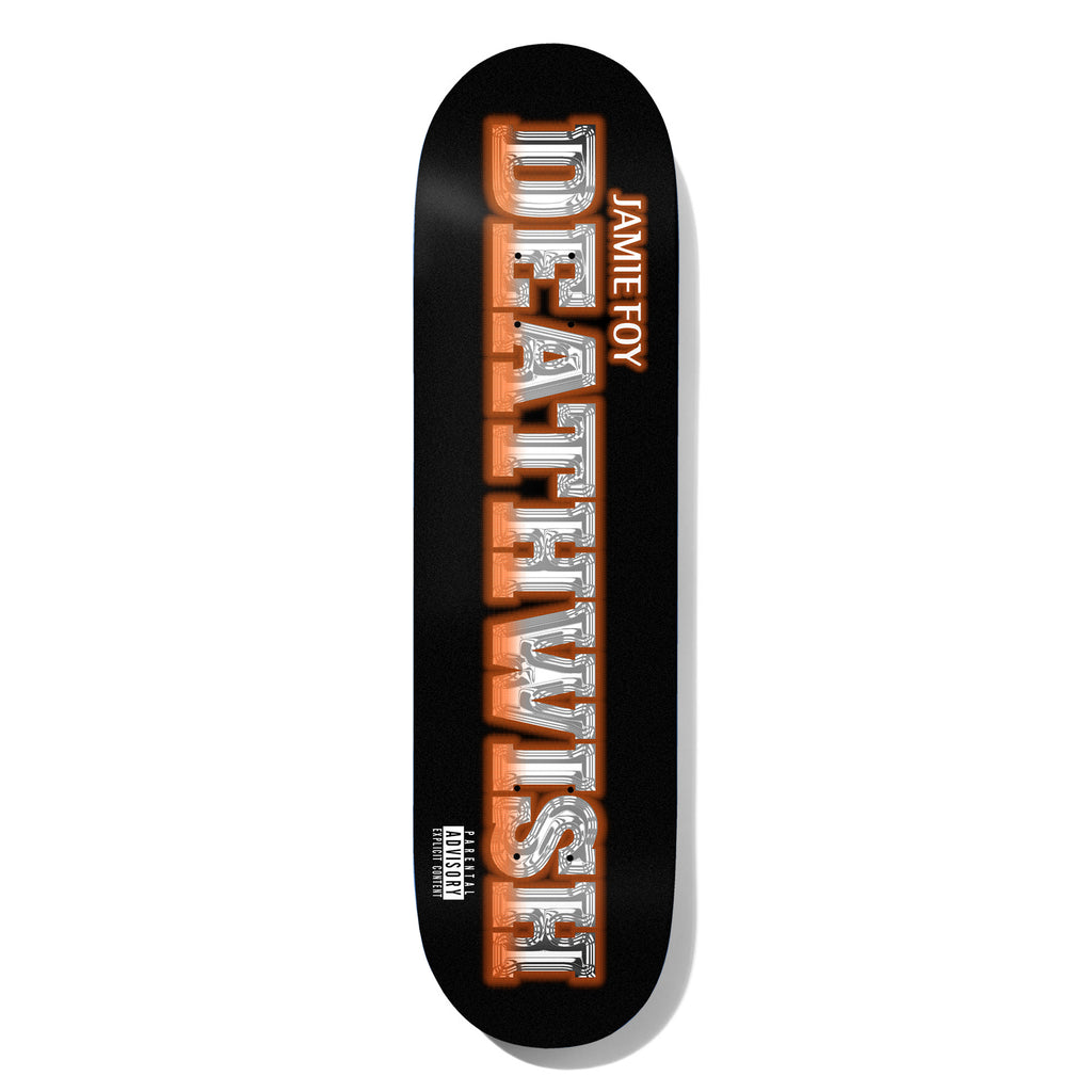Deathwish Foy Ironman 8.25 skateboard deck: The brand name is set vertically in large chrome serif lettering with an orange glow on black. The rider's name is above it and a parental advisory label sits near the bottom.