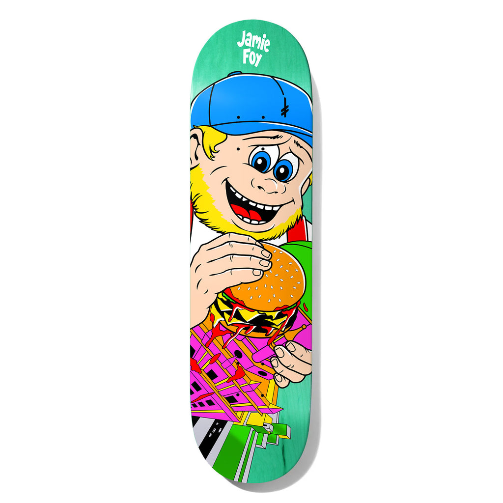 Deathwish Foy King Foy 8.0 skateboard deck: Teal deck with a cartoon blond boy in a blue cap grinning and biting into a large burger, with pink fries in front and a green background shape. Jamie Foy in white lettering at the nose.