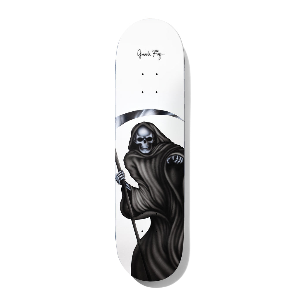 Deathwish Foy Youre Gonna Lose Your Soul 8.38 skateboard deck: Airbrushed grim reaper in a dark hooded robe with a skull face and skeletal hands, holding a long scythe, on a plain white deck with a signature at the top.