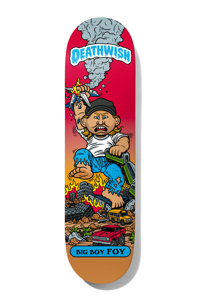 Deathwish Foy Low Life Kids 8.25 skateboard deck: Garbage Pail Kids-style cartoon of a giant man in a cap and white t-shirt stomping through a burning city, holding a plane in one hand and a truck in the other. Dripping blue Deathwish logo at top and 'Big Boy Foy' banner at the bottom.
