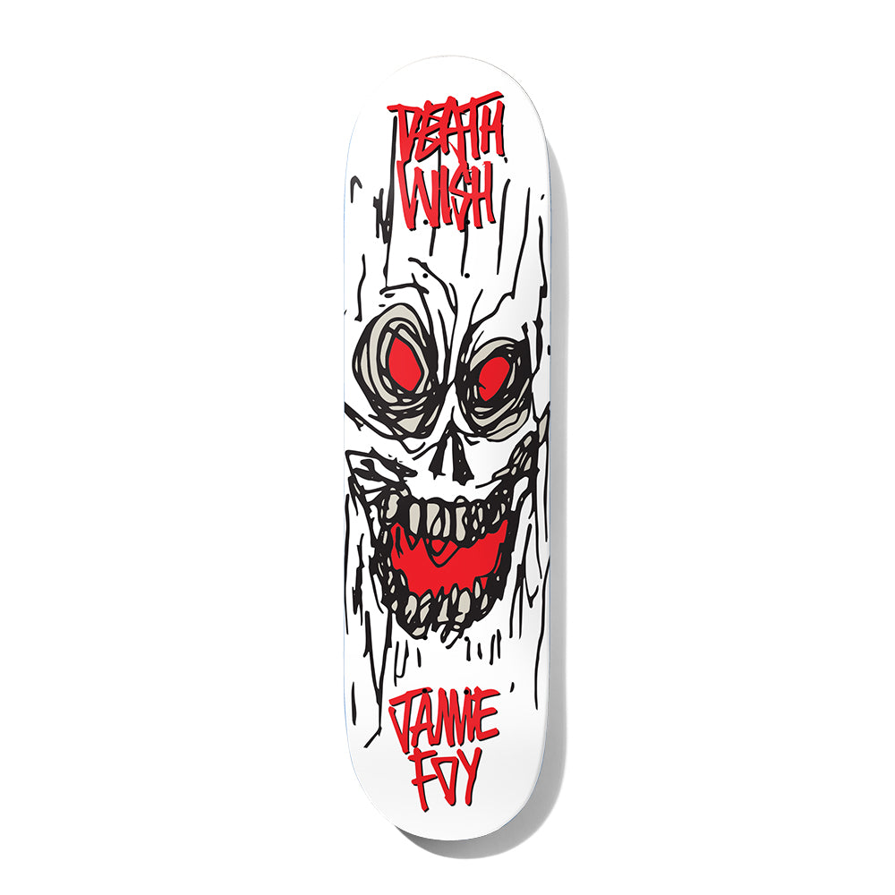 Deathwish Foy Macabre 8.25 skateboard deck: A scribbled, hand-drawn snarling skull with red eyes and a red mouth on a white deck. The red Deathwish logo is at the top and the rider's name at the tail.