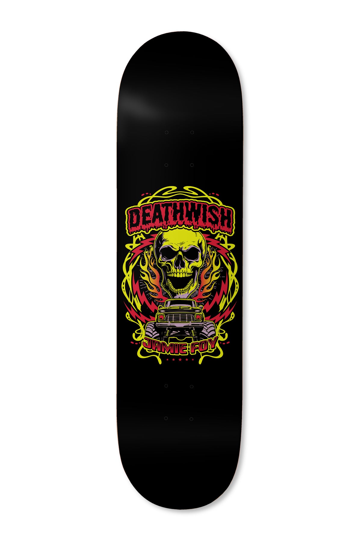 Deathwish Foy Mash The Throttle 8.125 skateboard deck: Badge-style illustration of a yellow skull above a monster truck, with red flames and lightning bolts behind and a yellow swirling frame, on a black deck. Deathwish logo above and Jamie Foy's name below.
