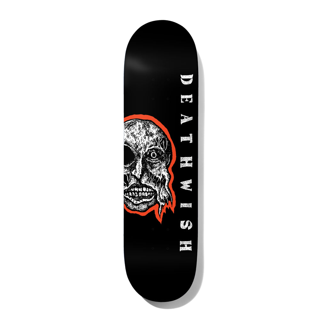 Deathwish Foy Mind Wars 8.5 skateboard deck: Half of a decaying white skull with one eye socket and exposed teeth, outlined in orange-red, runs off the left edge of a black deck. Vertical white 'DEATHWISH' lettering sits beside it.