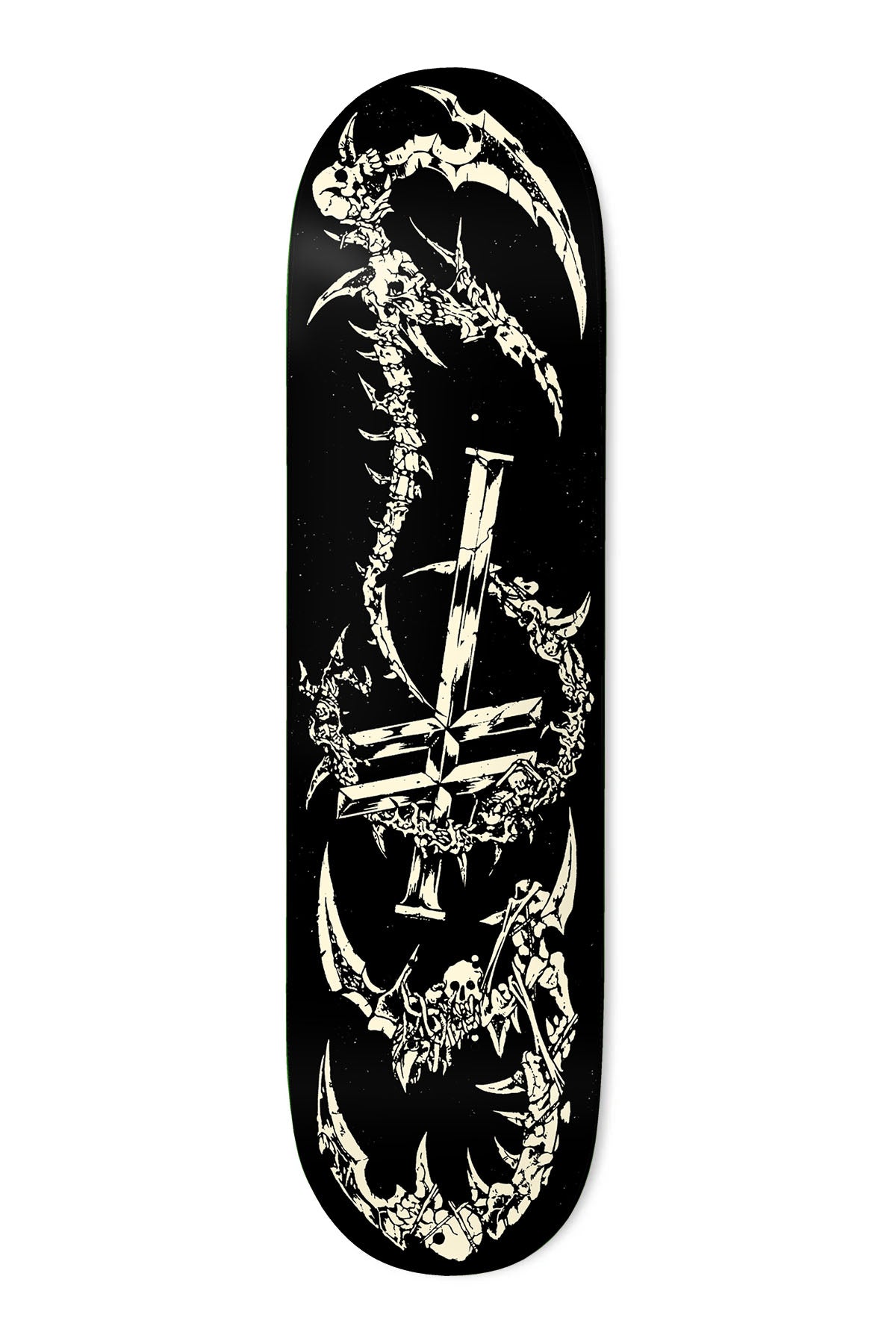 Deathwish Foy Mutations Twin 8.5 skateboard deck: Cream-on-black illustration of a bony spined creature with scythe-like claws coiling around an inverted cross, with small skulls among the bones.