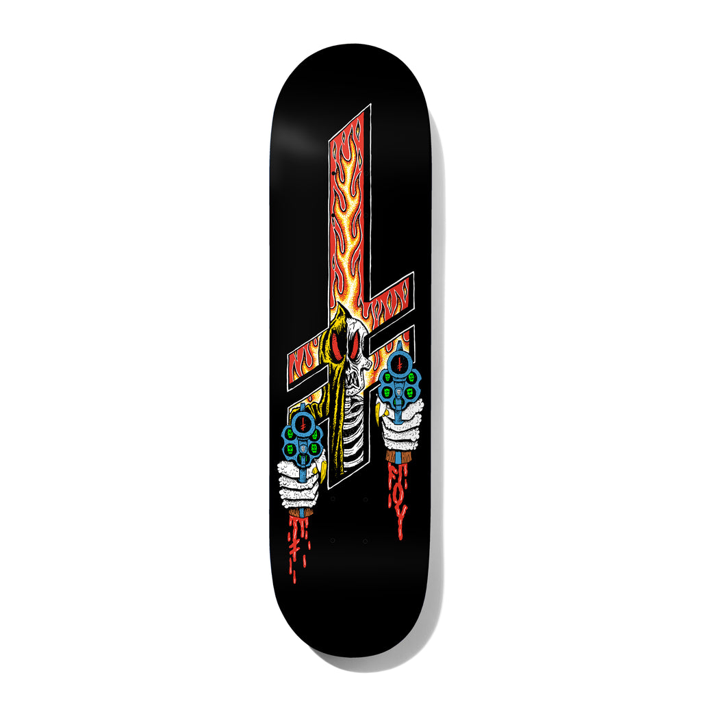 Deathwish Foy NIGHTMARE CITY 8.5 skateboard deck: Hooded skeletal reaper with red eyes stands before a flaming inverted cross, pointing two blue revolvers forward with bleeding skeletal hands, on black.