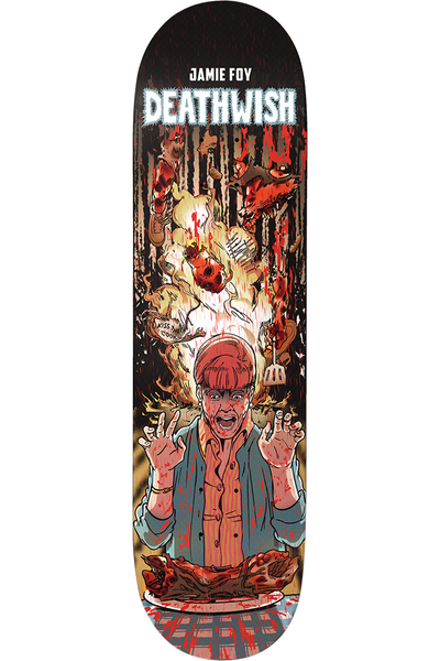 Deathwish Foy Premonition 8.38 skateboard deck: A comic-style illustration of a wide-eyed man in a red cap and blue shirt with hands raised, in front of a roast on a plate, as an explosion of fire and flying objects bursts above his head. Dark striped background.