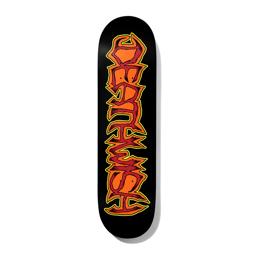 Deathwish Foy Saturation 8.38 skateboard deck: The Deathwish name in jagged, spiky lettering filled orange and red with yellow outlines, running down a black deck.