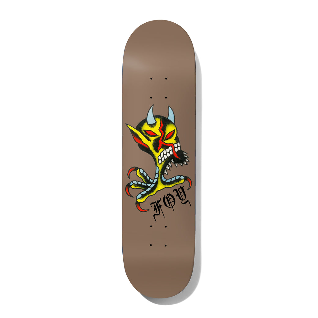 Deathwish Foy Seven Trumpets 8.0 skateboard deck: Traditional tattoo-style yellow devil head with blue horns, red eyes and bared teeth, on a clawed blue-grey talon, with blackletter 'FOY' beneath, on a plain brown deck.