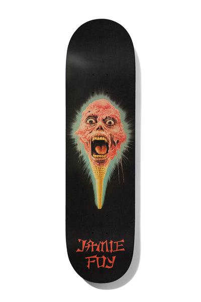 Deathwish Foy Skull 8.0 skateboard deck: Screaming melting ice cream scoop with a ghoulish pink face and fangs, sitting on a waffle cone and glowing with a teal aura. Rider name in red brush lettering at the tail on black.