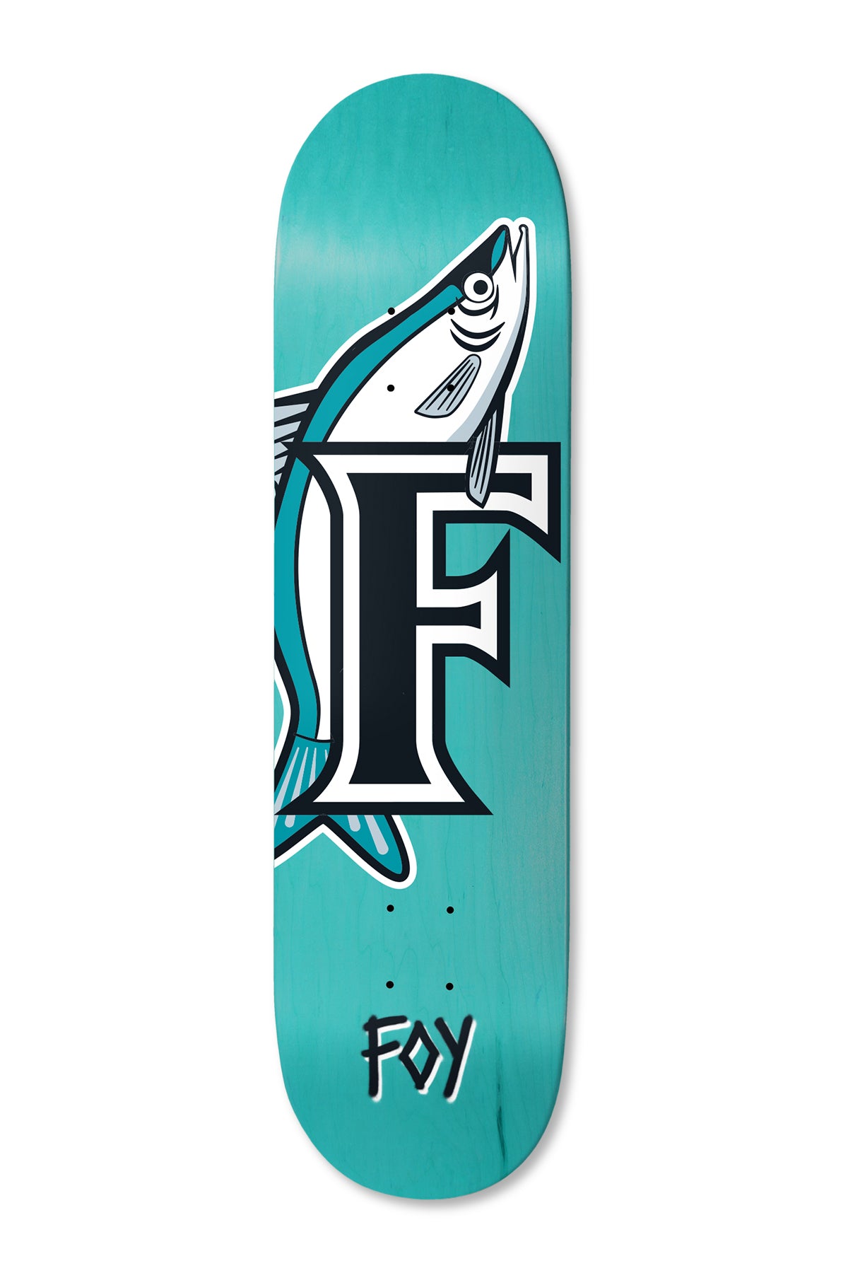 Deathwish Foy Slot 8.25 skateboard deck: A silver fish with a stylised baseball-style letter F overlaid on its body, drawn in black, white and teal outlines on a turquoise deck. The rider's name is hand-lettered near the tail end.