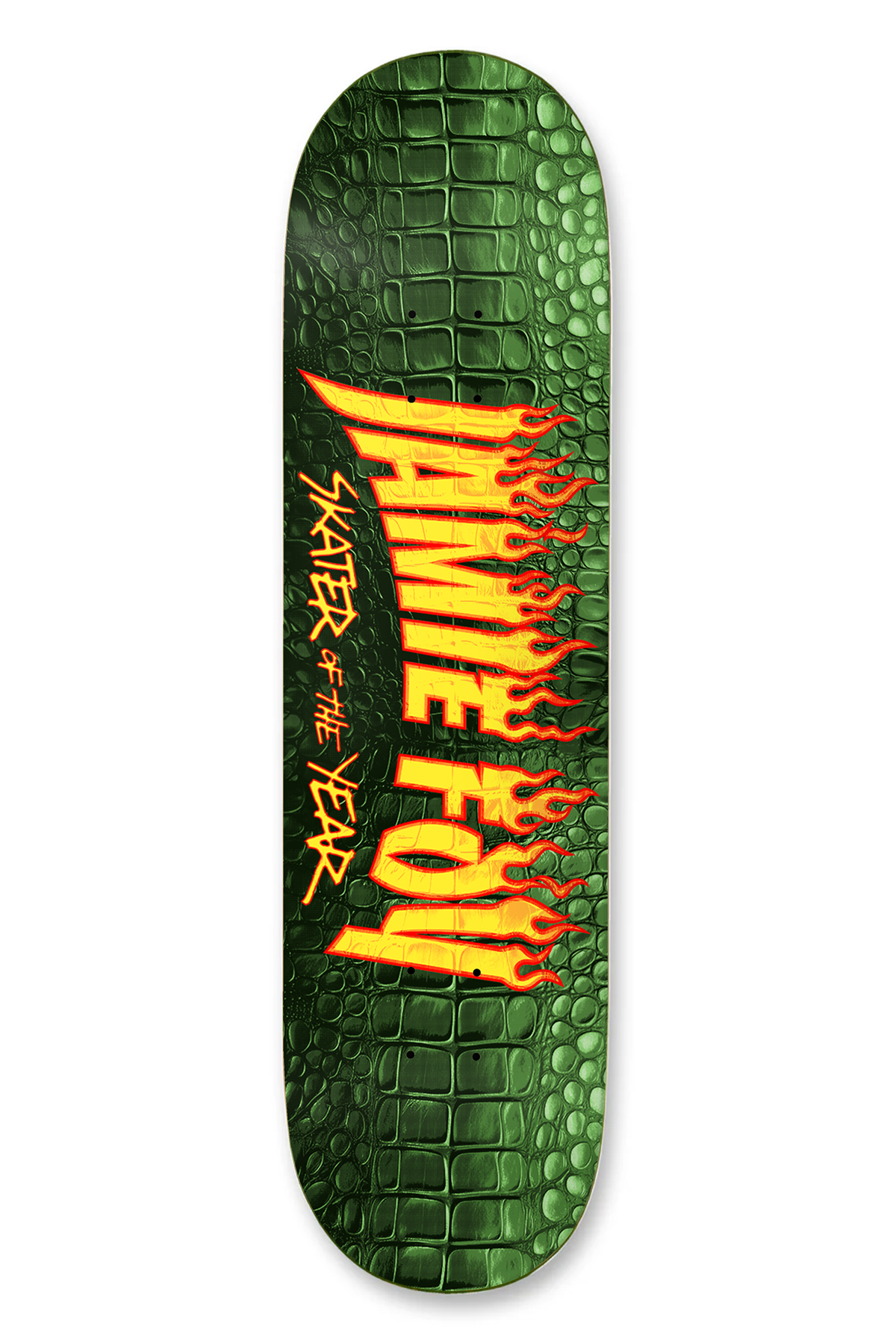 Deathwish Foy SOTY 2024 8.25 skateboard deck: Jamie Foy Skater of the Year in yellow flaming Thrasher-style lettering over green crocodile skin texture.