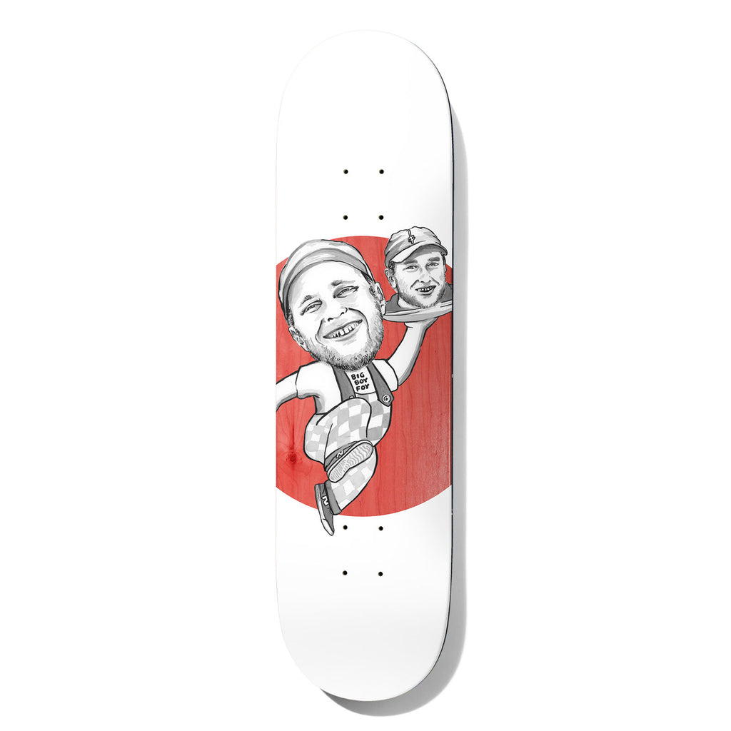 Deathwish Foy Spankys Big Boy 8.25 skateboard deck: A grey caricature drawing of a bearded man in a cap and checked trousers, running while carrying a second head on a tray, in the manner of a Big Boy mascot. A red circle sits behind on a white deck.