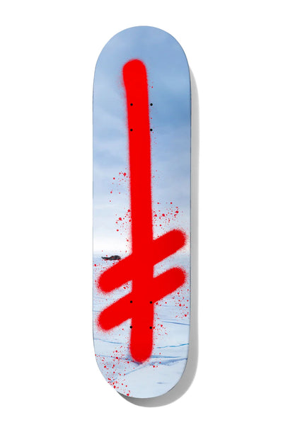 Deathwish G Logo Dakota 8.25 skateboard deck: A large red spray-painted inverted-cross Gang Logo with paint spatter over a pale photograph of an icy, snowy landscape under a hazy sky, with a tiny dark object on the horizon.