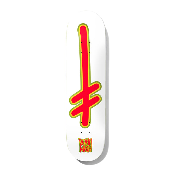 Deathwish Gang Logo Attitude 8.25 skateboard deck: Large red Deathwish gang logo, an upright cross with slanted crossbars, outlined in yellow-green on a white deck, with the small orange Deathwish wordmark at the tail.