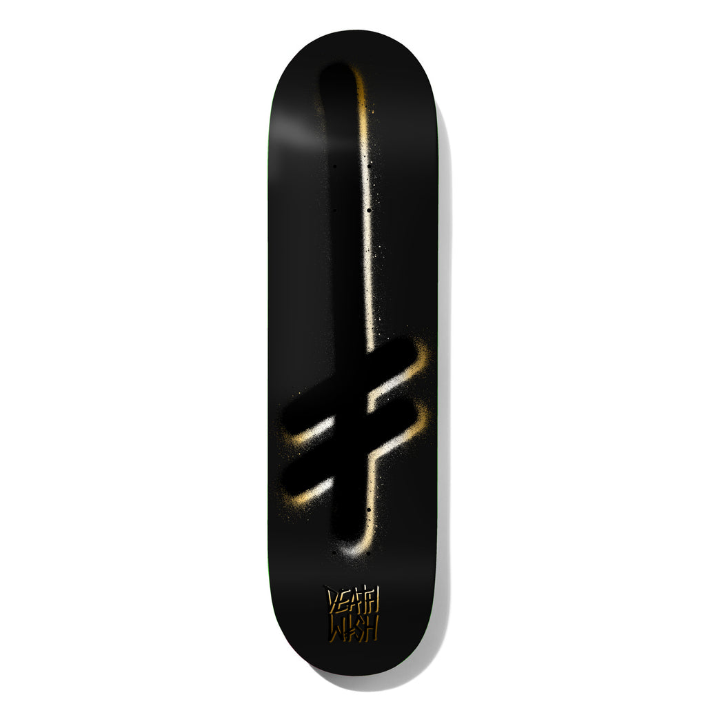 Deathwish Gang Logo Black/Gold 8.25 skateboard deck: Spray-painted Deathwish Gang Logo, an upside-down cross with two crossbars, in black with gold and white overspray on a black deck. Small gold Deathwish wordmark at the tail.