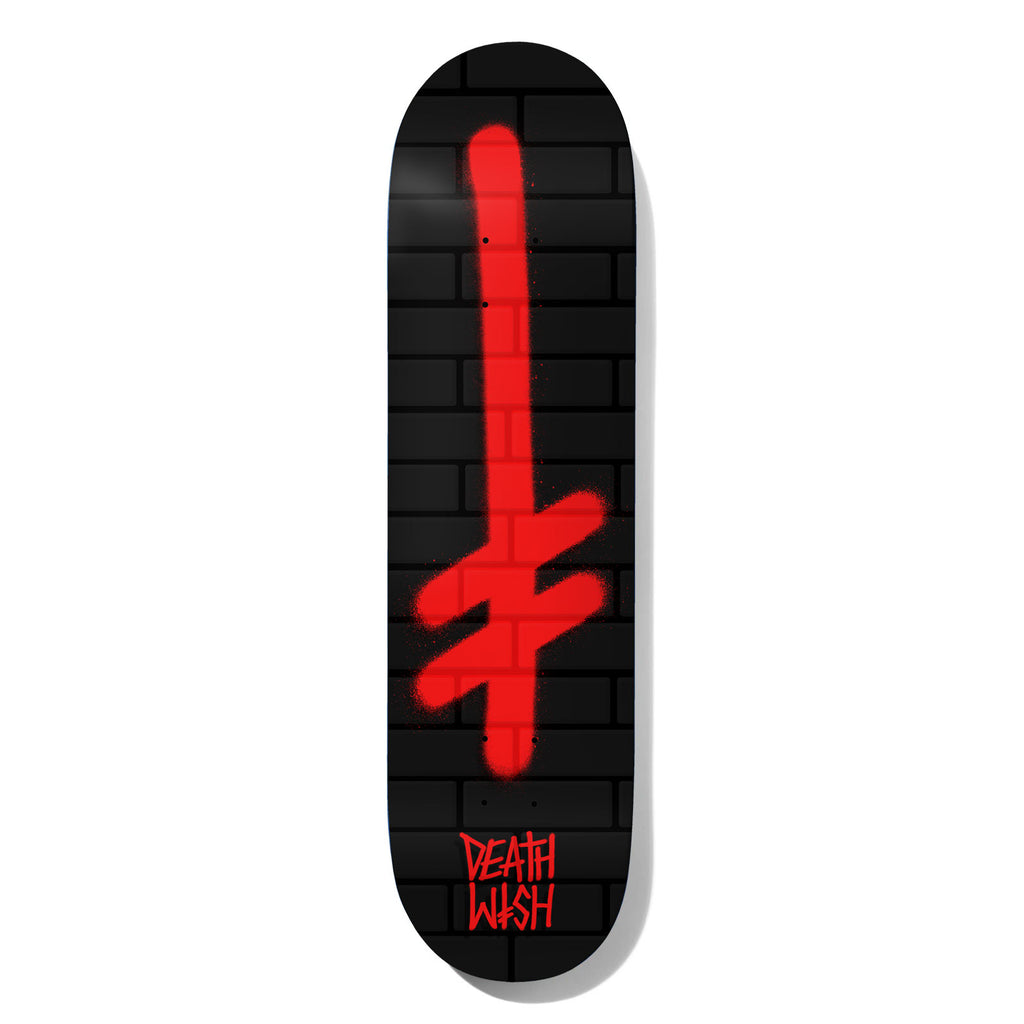 Deathwish Gang Logo Bricks Black/Red 8.0 skateboard deck: Large spray-painted red Deathwish gang logo, an inverted cross with a slanted bar, over a black brick wall, with the Deathwish wordmark in red at the bottom.