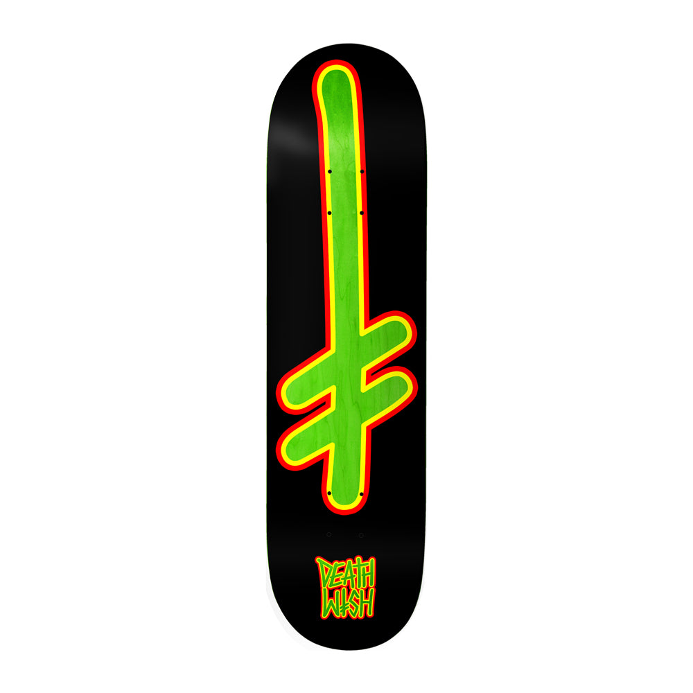 Deathwish Gang Logo Brains 8.5 skateboard deck: Black deck with the large Deathwish gang logo, a cross-like symbol with a double lower bar, filled with green and outlined in yellow and red. Deathwish wordmark in matching colours at the tail.