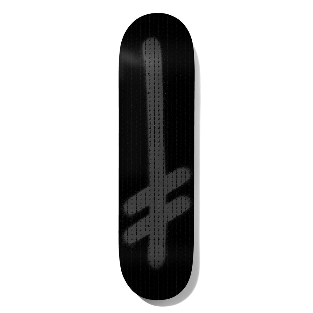 Deathwish Gang Logo Black Stamp 8.38 skateboard deck: The Deathwish gang logo, an upside-down cross with two bars, in grey spray-paint style on a black deck, with a fine vertical line texture across the surface.