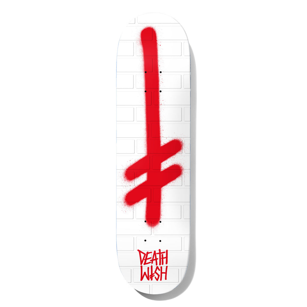 Deathwish Gang Logo White Bricks 8.25 skateboard deck: The Deathwish gang logo, an upside-down cross with two bars, sprayed in red over a white painted brick wall pattern. The brand name is in red hand-drawn lettering at the tail.
