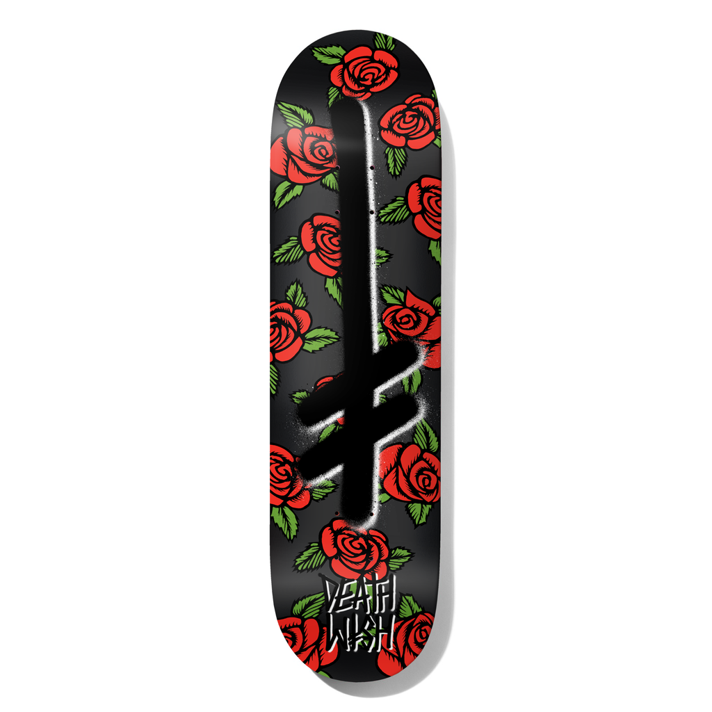 Deathwish Gang Logo Mamba Black 8.25 skateboard deck: A black deck covered in red roses with green leaves, with the Deathwish gang logo cross sprayed over it in black with a white spray-paint edge. Deathwish lettering at the tail.