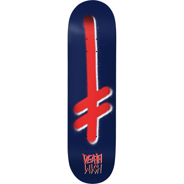 Deathwish Gang Logo Navy/Red Foil 8.5 skateboard deck: Large spray-painted red inverted-cross Gang Logo with white overspray edges on a navy deck, with the Deathwish script logo in red at the tail.