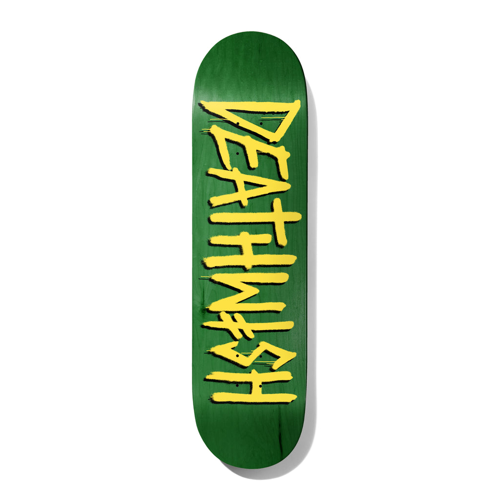 Deathwish Assorted 8.125 skateboard deck: Deathwish gang logo in large rough brush-style yellow capital letters running down the length of a green stained deck, with small drips below some letters.