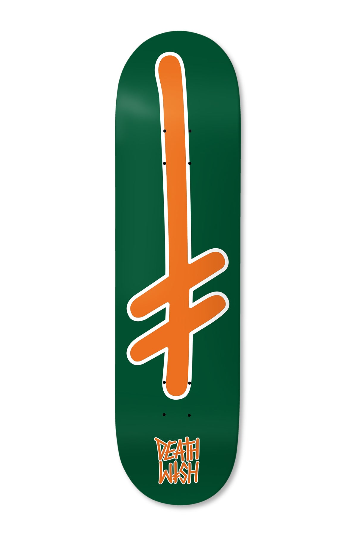 Deathwish Gang Logo University 8.25 skateboard deck: The Deathwish gang logo, a large orange upright cross with a white outline, runs down the centre of a dark green deck, with the brand name in small orange lettering at the bottom.