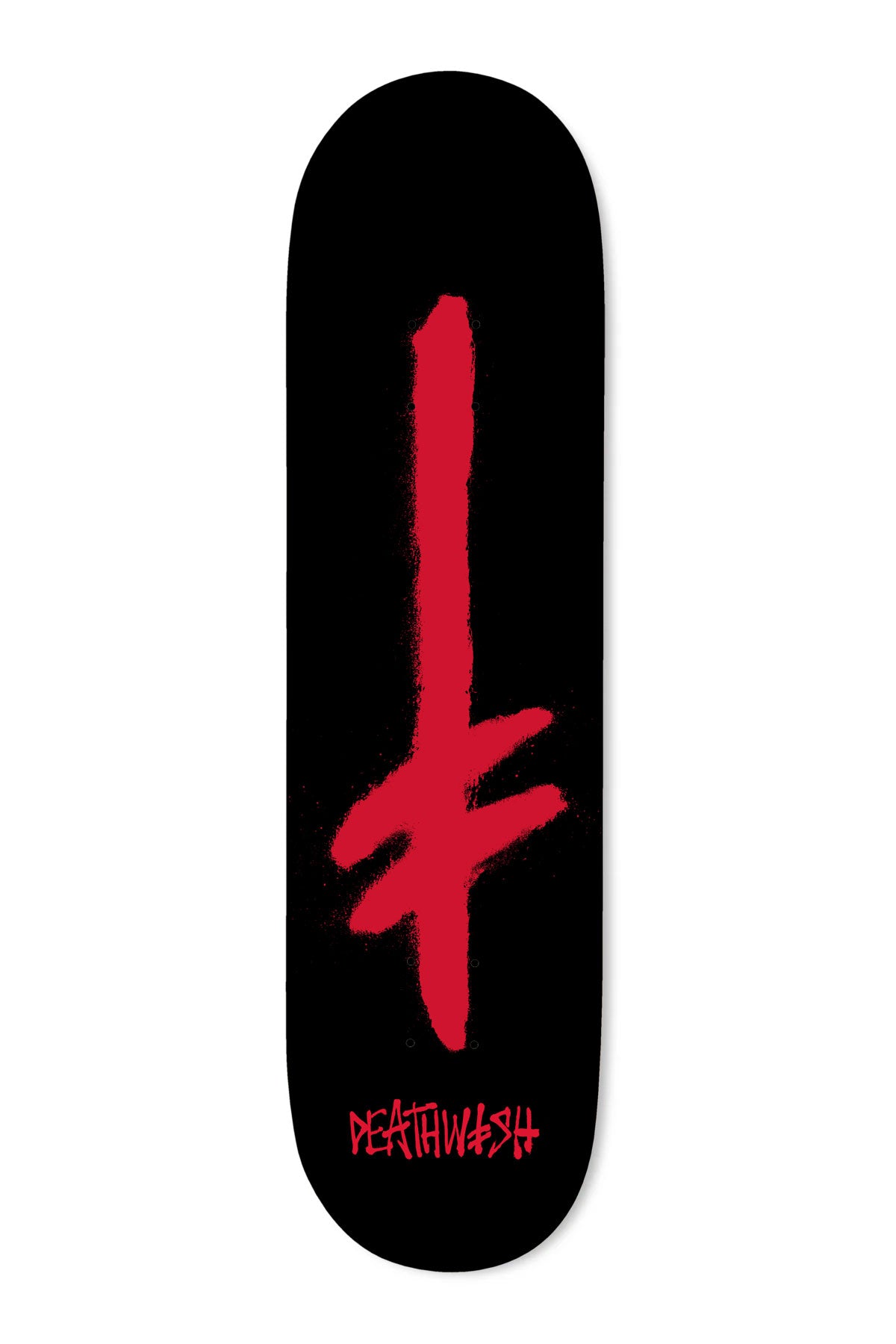 Deathwish Gang Spray Blk/Red skateboard deck: Large red spray-painted Deathwish gang logo, an upside-down cross with a slanted bar, on a plain black deck, with small red Deathwish lettering at the tail.