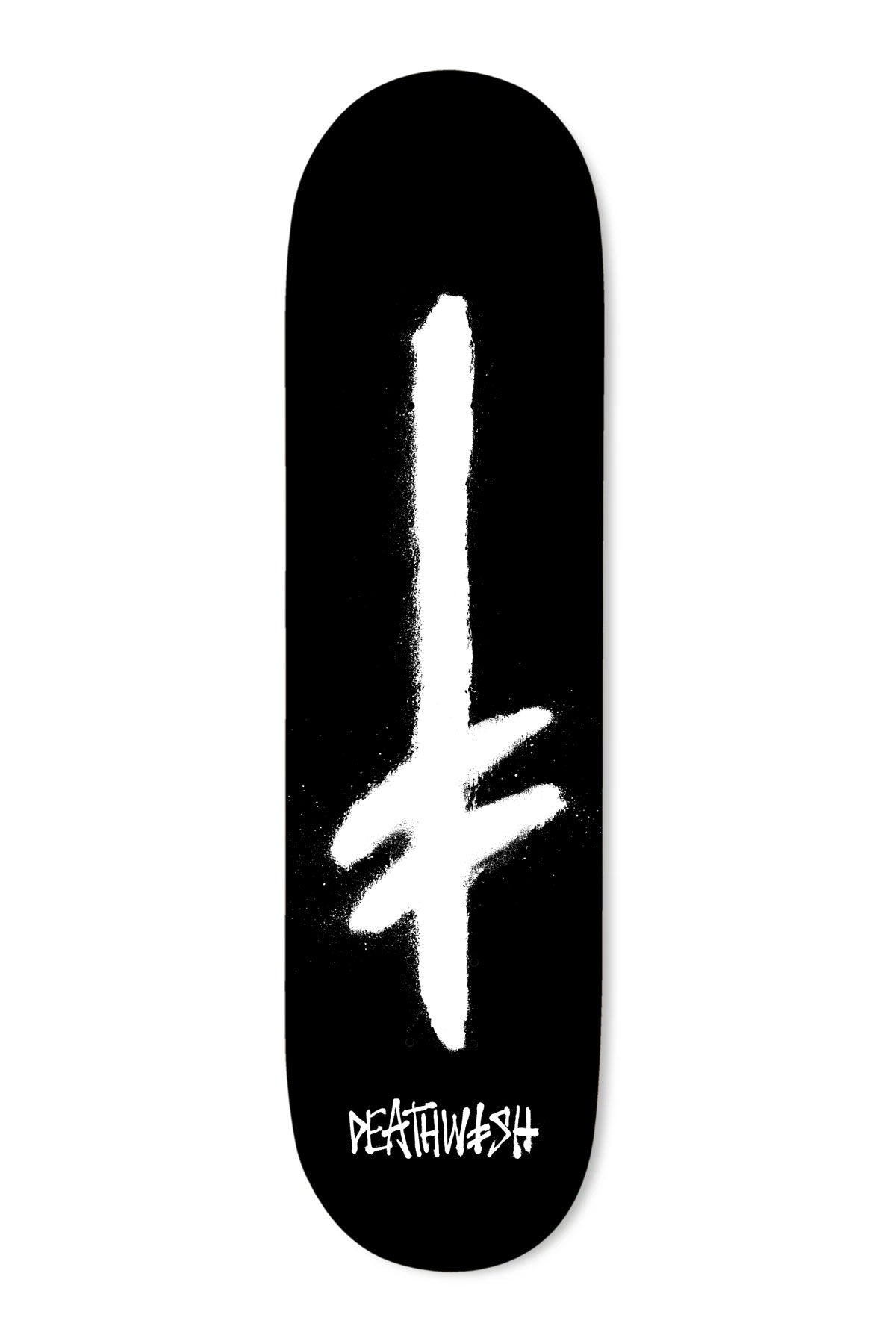 Deathwish Gang Spray Blk/Wht skateboard deck: Large white spray-painted Deathwish gang logo, an upside-down cross with slanted bar, on a plain black deck, with small white Deathwish lettering at the tail.