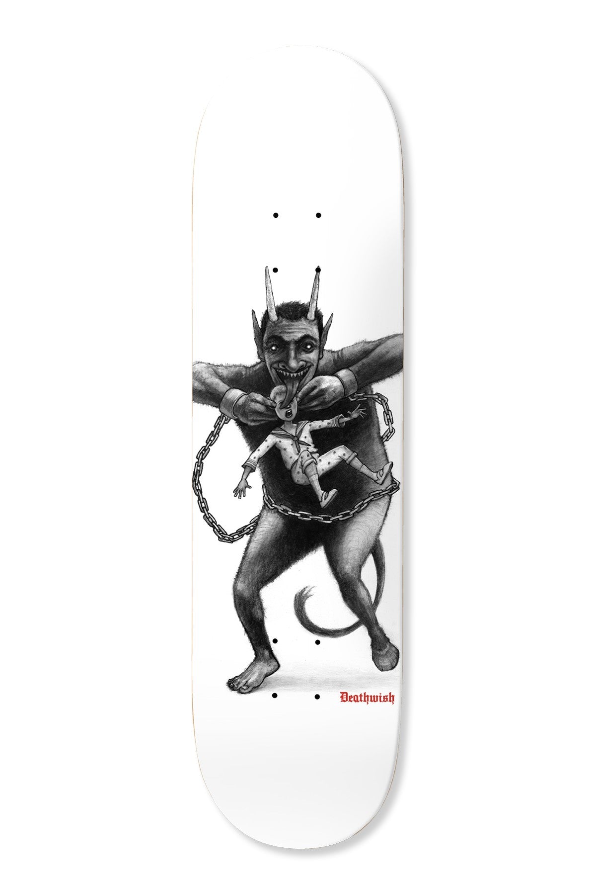 Deathwish Happy Holidays 8.5 skateboard deck: A grey pencil-style drawing of a horned, hairy Krampus-like devil with a long tongue, holding a chain and a small struggling child in his grip, on a plain white deck. Deathwish logo in red near the tail.