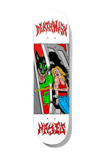 Deathwish Hayes 423 8.38 skateboard deck: Comic-style scene of a green wolf-like monster with a chain trying to break through a door as a frightened blonde woman in a red top pulls back, with a shadow behind her. Red jagged brand and rider lettering at the top and bottom of a white deck.
