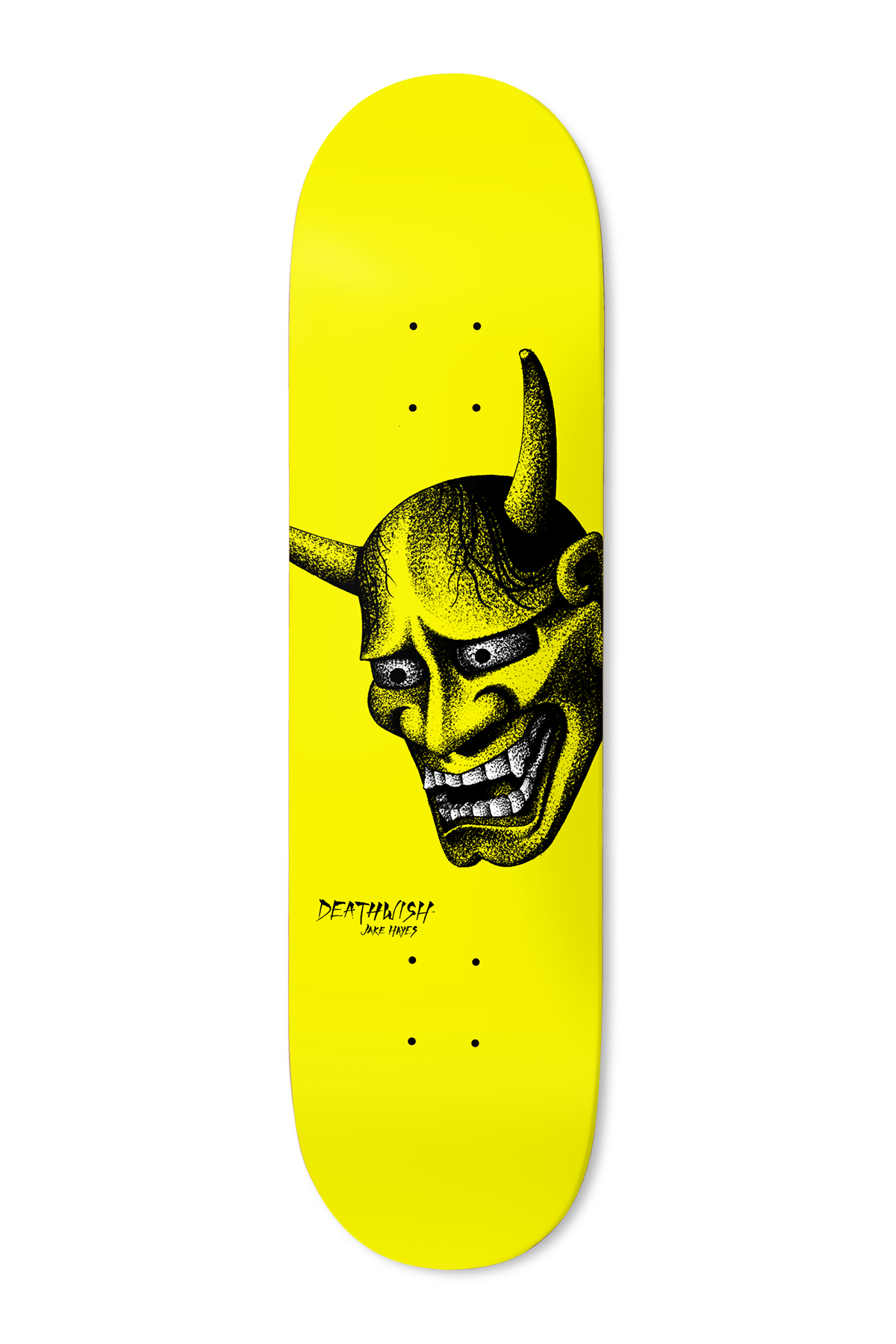 Deathwish Hayes All Tore Up 8.5 skateboard deck: A stippled black-and-yellow illustration of a horned Japanese oni mask with a toothy grin, on a flat yellow deck. Deathwish and rider name handwritten at the lower left.