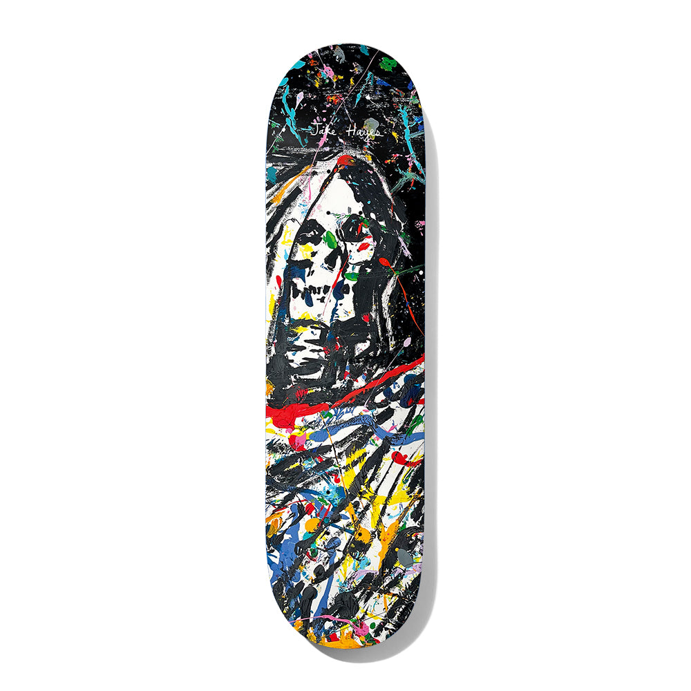 Deathwish Hayes Always Go 8.125 skateboard deck: Expressionist paint-splattered image of a hooded skull in black, white and grey, with splashes of red, yellow, blue, green and teal over it. Rider signature in white near the top.
