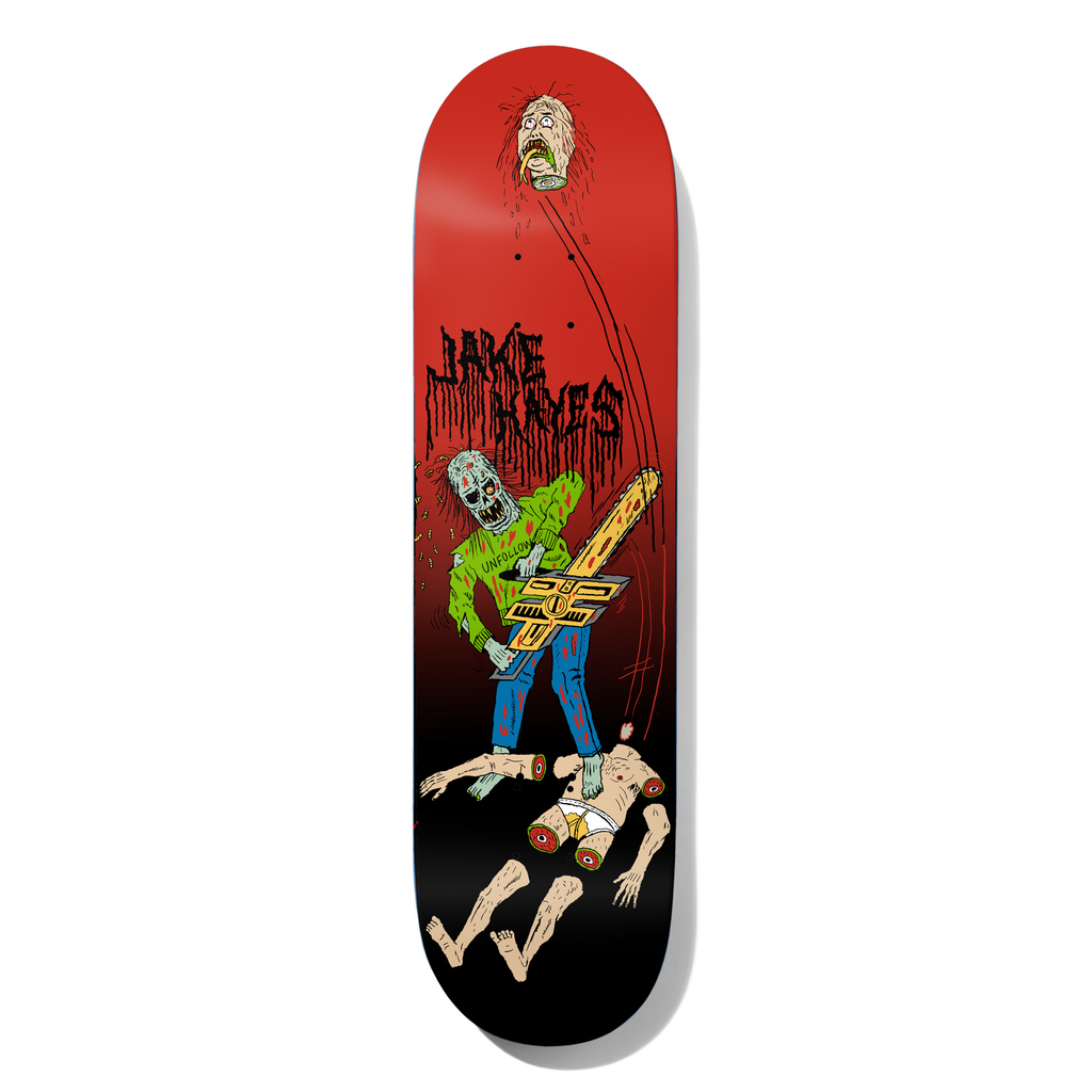 Deathwish Hayes Blasphemy 8.25 skateboard deck: A cartoon zombie in a green jumper swings a chainsaw shaped like a skate truck over a dismembered body whose limbs have wheels, while a severed head flies up top. Dripping title lettering on a red-to-black fade.