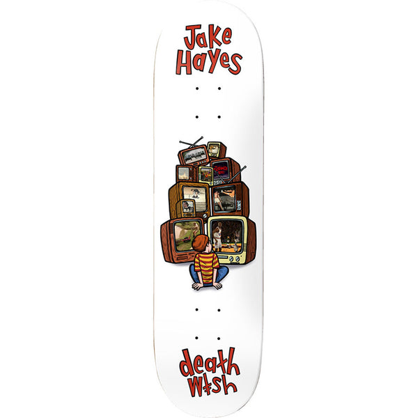 Deathwish Hayes Channel Surfing 8.25 skateboard deck: Boy in a striped top sitting cross-legged in front of a tall stack of old televisions, each showing a different scene, on a white deck with red hand-lettered name and Deathwish logo.