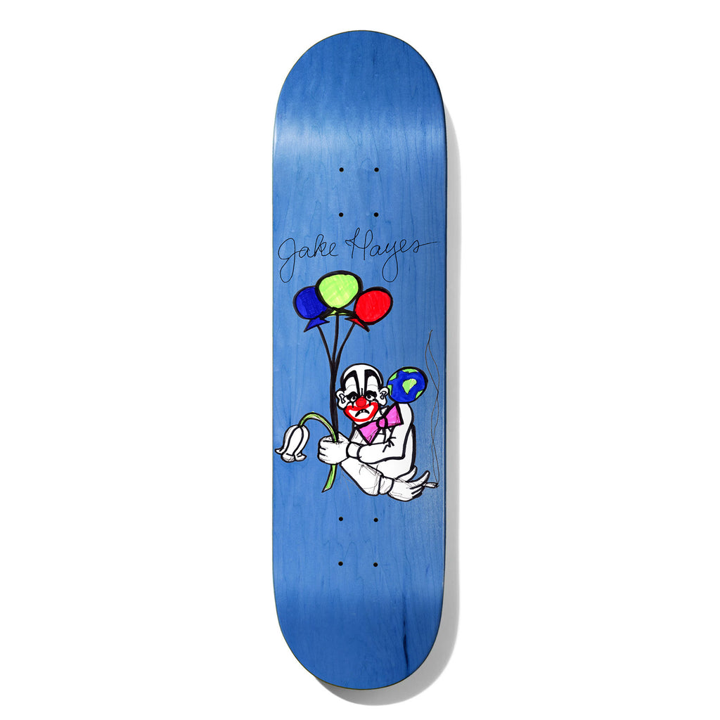 Deathwish Hayes Chatman 8.38 skateboard deck: Blue-stained deck with a hand-drawn sad clown in a pink bow tie holding three balloons and a drooping flower, with a small globe balloon behind. A cursive signature sits above.