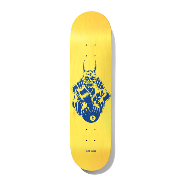 Deathwish Hayes Dealers Choice 8.0 skateboard deck: Blue single-colour print on a yellow stained deck of a horned skull-faced demon in a robe holding an eight ball. Small rider name beneath.