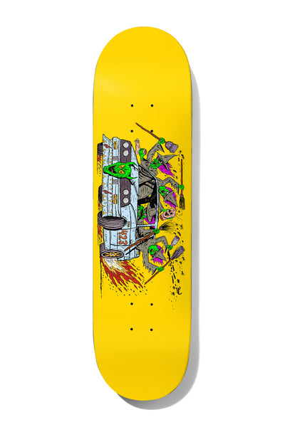 Deathwish Hayes Deathwitch Trials 8.25 skateboard deck: Green-skinned witches with brooms and pointed hats pile into and onto a battered car, its tyre loose and trailing flames. Hand-drawn comic style on a plain yellow deck.