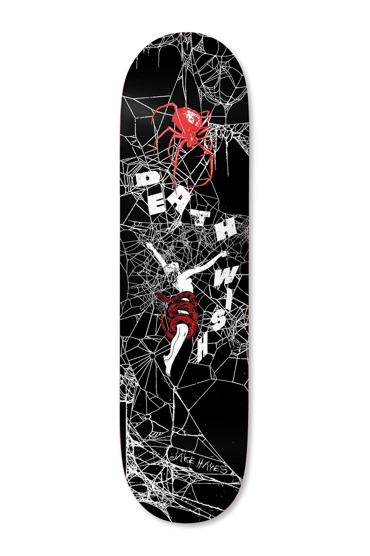 Deathwish Hayes Entangled 8.25 skateboard deck: Black deck covered in white spiderwebs, with a red spider at the top and a pale figure tangled in the web, wrapped in a red shape. DEATHWISH is spelled out in scattered white letters and a Jake Hayes signature sits near the bottom.