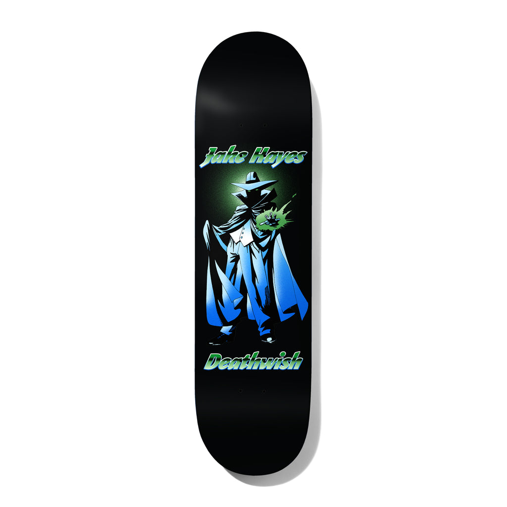Deathwish Hayes Ernie 8.25 skateboard deck: Silhouetted caped figure in a wide-brimmed hat, with blue gradient cloak and a green glowing burst in one hand, on black. Jake Hayes in green italic script at the top and Deathwish at the bottom.