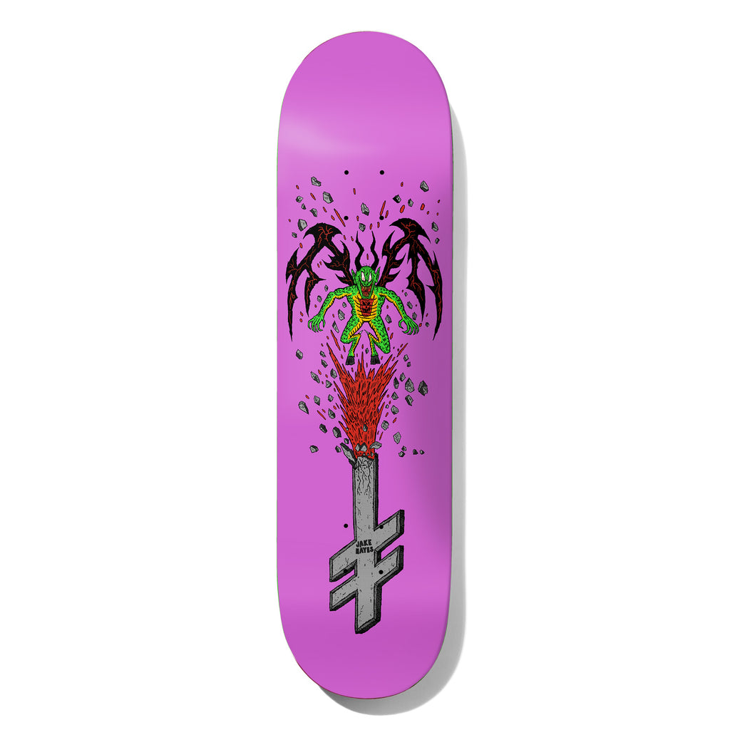 Deathwish Hayes Exorcism Failed 8.25 skateboard deck: A green winged demon with black tribal-style wings bursts from a cracked grey Deathwish cross, throwing rock fragments and red blood or flames, on a bright magenta deck. Rider name is printed on the cross.
