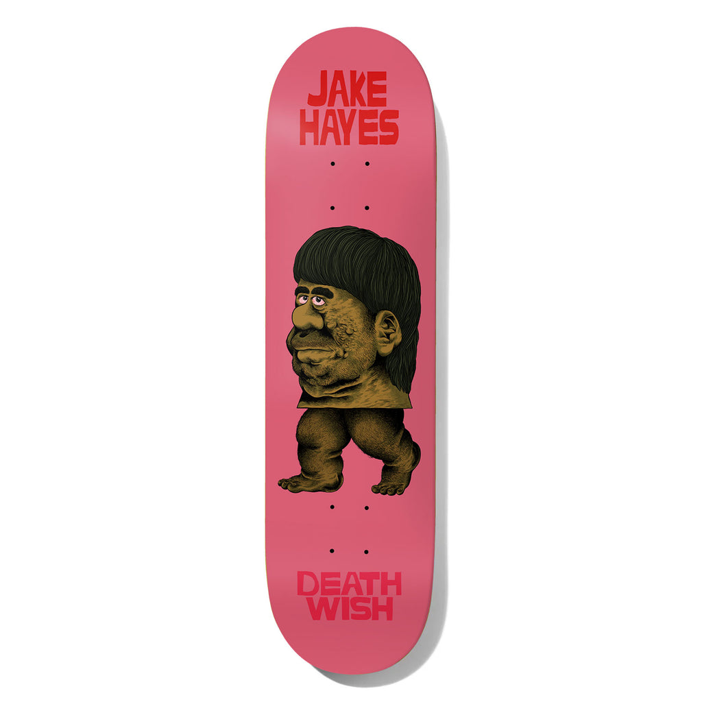 Deathwish Hayes Froelich 8.475 skateboard deck: Pink deck with Jake Hayes in red block capitals at the top and Deathwish at the tail. A cartoon man with a bowl haircut and an oversized head stands on small bare feet in ochre and black ink.