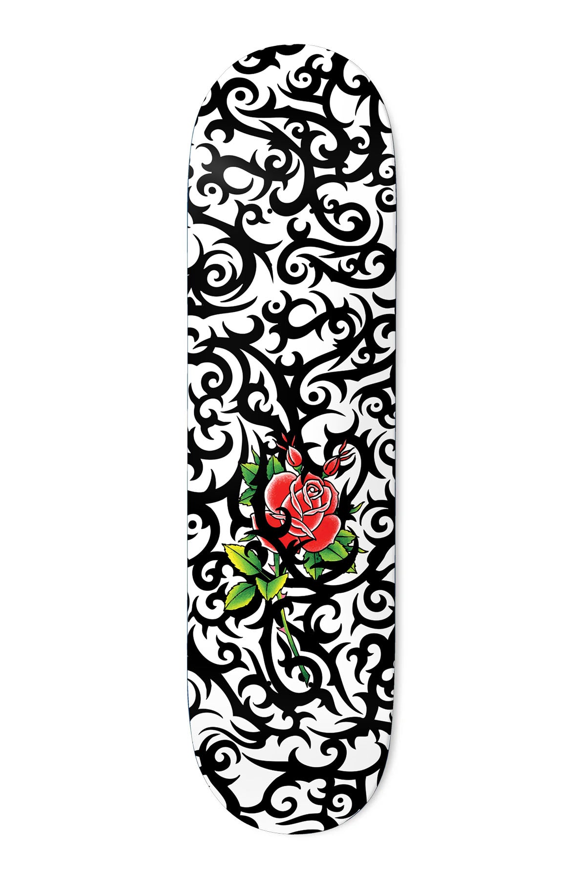 Deathwish Hayes I Need Your Soul 8.5 skateboard deck: White deck covered in black tribal-style swirling thorny vines, with a single red rose with green leaves at the centre.