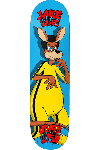Deathwish Hayes Kanga Woo 8.0 skateboard deck: Cartoon kangaroo in a yellow tracksuit with black side stripes, striking a thoughtful pose with a hand at its chin, on a blue background with the rider's name in red graffiti lettering at top and brand name at bottom.