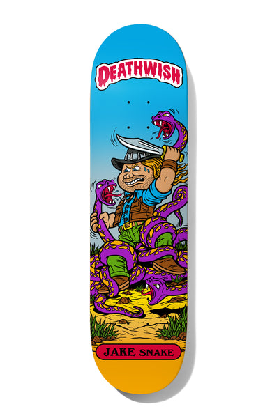 Deathwish Hayes Low Life Kids 8.125 skateboard deck: Garbage Pail Kids-style cartoon of an adventurer in a helmet fighting purple snakes with a sword, in a desert scene. Dripping red Deathwish logo at the top and a 'Jake Snake' label at the bottom.