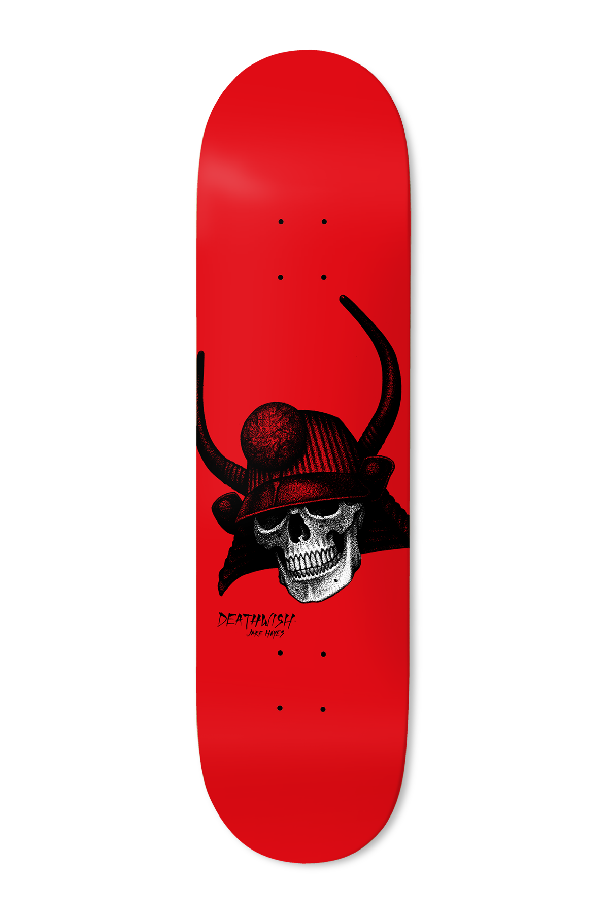 Deathwish Hayes Mean Machine 8.125 skateboard deck: Stippled black and white skull wearing a samurai helmet with curved horns and a red pom-pom, on a plain bright red deck, with small signature text beside it.