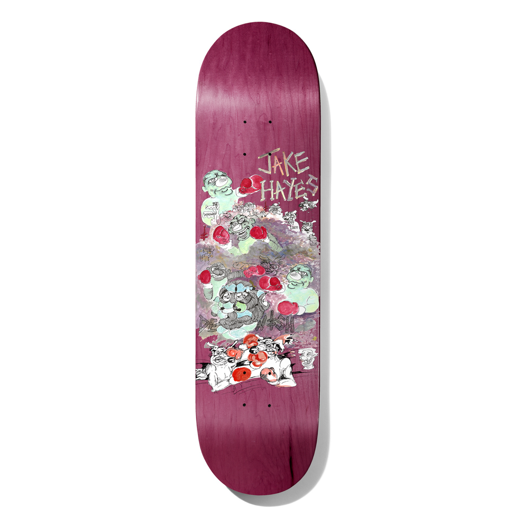 Deathwish Hayes Mice & Men 8.125 skateboard deck: Loose cartoon-style illustration of green-skinned and grey characters with red boxing gloves piled together in a brawl, with Jake Hayes written in hand-drawn lettering at the top. Printed on a magenta-stained deck.
