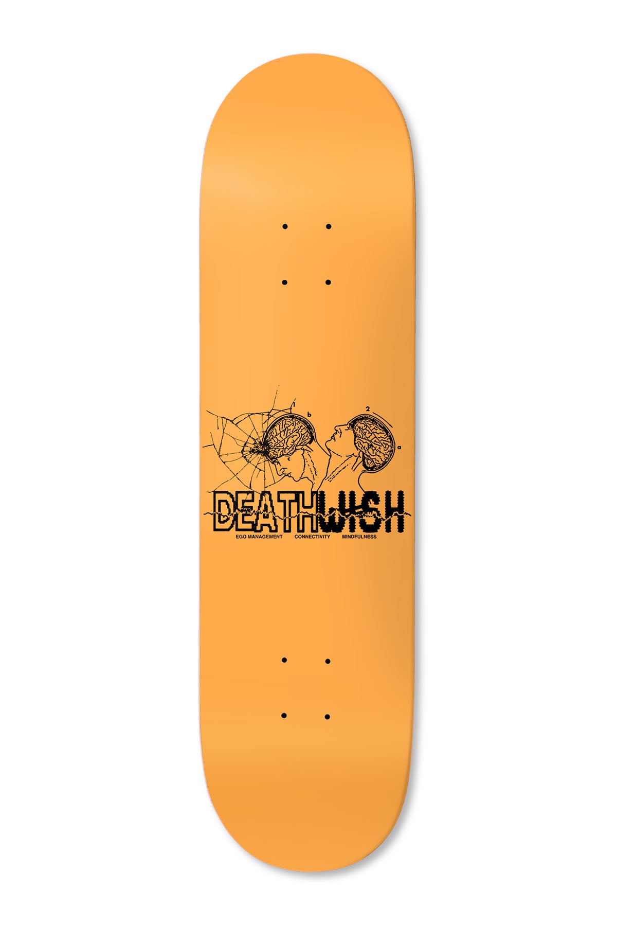 Deathwish Hayes Mindfulness 8.475 skateboard deck: Plain orange deck with a small black line illustration of two heads in profile showing brains, one with a cracked glass effect, above the DEATHWISH logo and tiny captions ego management, connectivity and mindfulness.