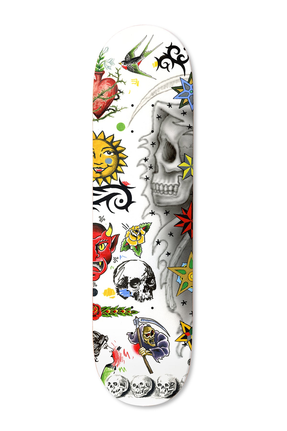 Deathwish Hayes Never Breathe Again 8.25 skateboard deck: White deck crowded with tattoo-flash images: a large faded grim reaper skull, a sacred heart, sun face, red devil, roses, swallow, tribal shapes, small reaper with scythe, skulls and coloured stars.